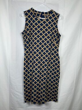 J McLaughlin Sleeveless Navy Blue Sheath Dress Size Medium Mini Bamboo Pattern
